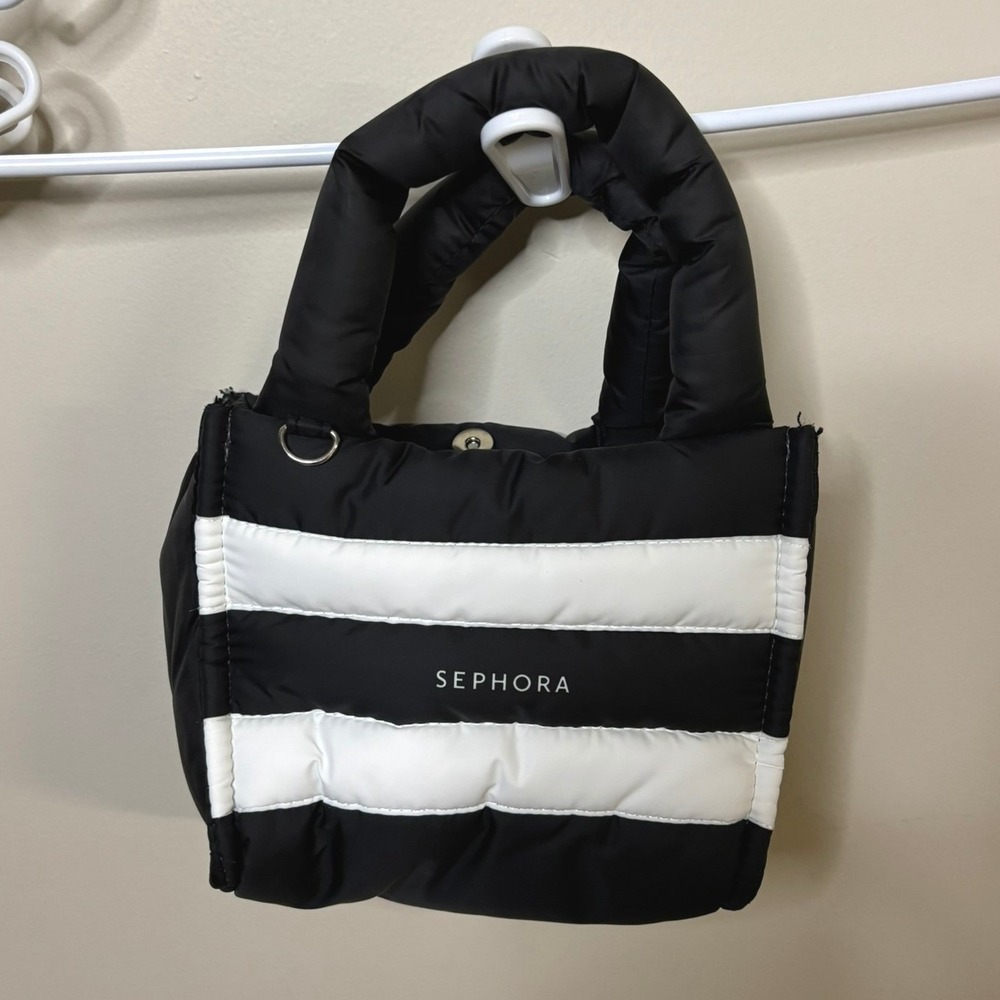 Sephora Puffer Mini Tote Bag Black White Striped Quilted Padded Makeup Bag